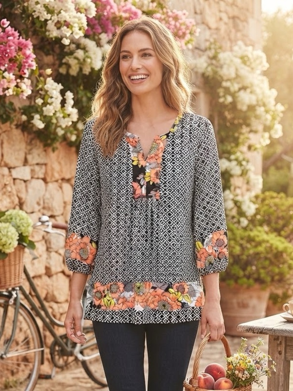 Ruby Rd. Black Geometric Tunic with Coral Floral Trim
